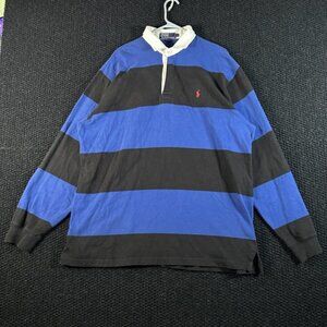 Vintage Polo Ralph Lauren Rugby Shirt Men's Long Sleeve Blue Black Stripe Size L